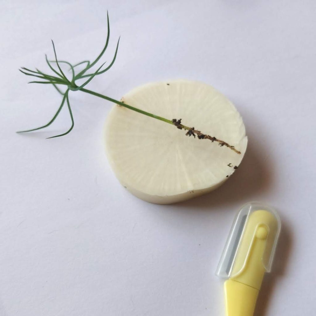 大根の輪切りの上で切ります。