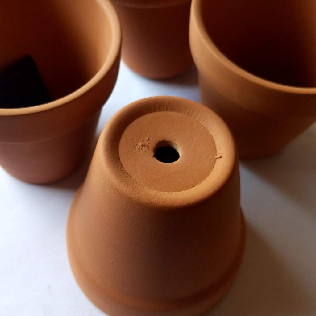 ダイソーの素焼き鉢。穴が小さくてハサミで広げました